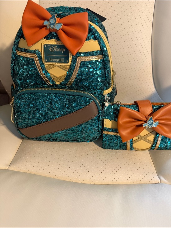 Loungefly Handbags - Loungefly Merida of Brave. Teal Sequin Backpack and Wallet Set with Orange Bows
